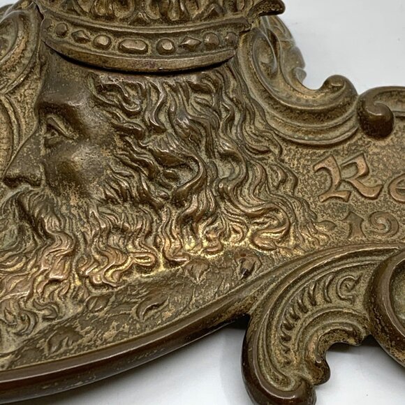 Edwardian Brass Inkwell Rex 1911 Ornate Antique Desk Accessory New Orleans - Picture 5 of 15